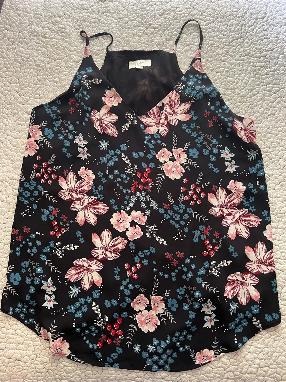 LOFT Black Floral V-Neck Cami with Pink and Blue Accents